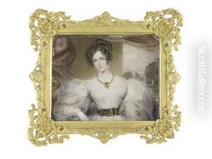A Lady, Wearing White Dress With Black Jeweled Waist-belt, Gold Necklace And Pendent Earrings Set With Rubies, Her Brown Hair Elaborately Curled And Upswept