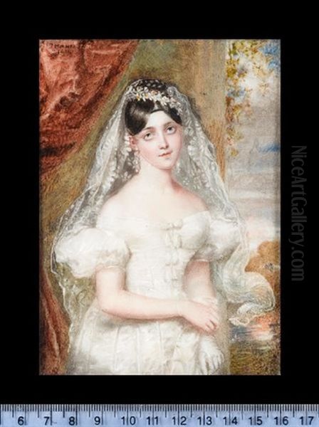 Justine Henrietta Frederique Ross (nee Macrae), Wearing Her Wedding Dress, Long Lace Veil, Pendent Pearl Earrings - view 1