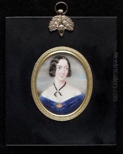 Lady Catherine Denys Wearing Blue Dress, Brooch At Her Corsage And Ribbon Necklace (+ Isabella, Baroness De Veauce Wearing White Dress, Flowers At Her Corsage And Gold Necklace, 1848, Insc.; Pair) by James Holmes