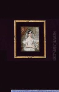 Justine Henrietta Frederique Ross Wearing Her Wedding Dress, Long Lace Veil, Pendent Pearl Earrings, Glove On Her Left Hand And White Flowers In Her Plaited Hair by James Holmes