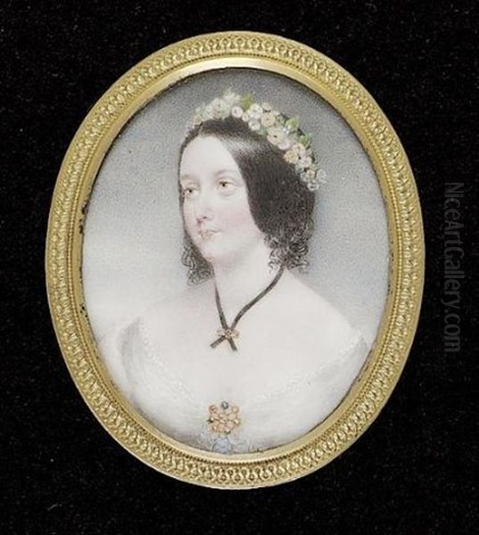 Geraldine Perceval Wearing White Dress With Brooch At Her Corsage, Black Ribbon Held With A Gold Slide And Garland Of Flowers In Her Dark Hair - view 1
