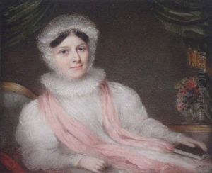 A Lady Reclining On A Chaise-longue, Wearing White Dress, Lace Cap And Ruff, A Pink Shawl , A Book In Her Hand And A Vase Of Flowers Behind Her