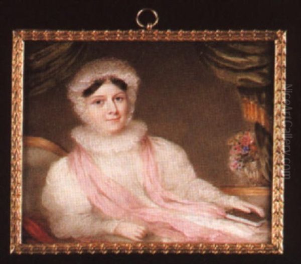 A Young Lady Reclining On A Sofa Holding A Book, A Green Curtain Draped In The Background - view 1