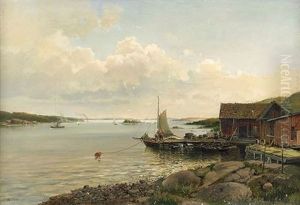 Kustlandskap Med Batar Och Byggnader Vid Brygga