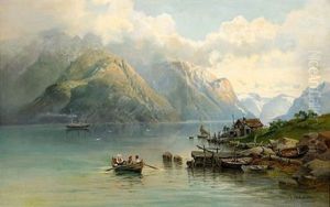 Fjordlandskap Med Batar Och Manniskor by Josephina Holmlund