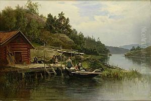 Insjolandskap Med Figurer Vid Brygga