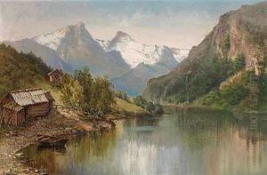 Norsk Bjerglandskab Med Smahytter Og En Jolle Ved En So
