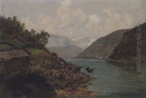 Fjordlandskap Med Figurer Och Byggnader by Josephina Holmlund