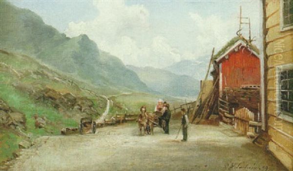 Bergslandskap Med Stugor Och Hastparti - view 1