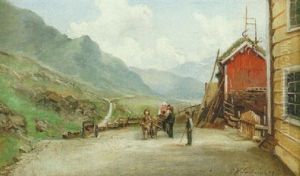 Bergslandskap Med Stugor Och Hastparti by Josephina Holmlund