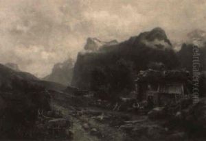 Mountainous Landscape With Couple Working Outside Near A Cottage by Josephina Holmlund
