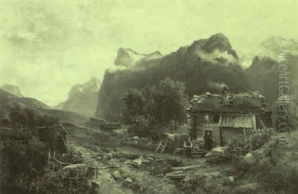 Mountainous Landscape With A Couple Working Outside - view 1