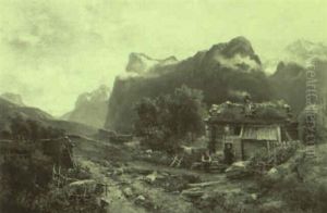 Mountainous Landscape With A Couple Working Outside Mountainous Landscape With A Couple Working Outside