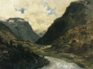 Norskt Landskap Med Hus, Figurer Och Flod Norskt Landskap Med Hus, Figurer Och Flod
