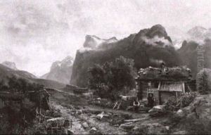 Mountainous Landscape With Couple Working Near A Cottage by Josephina Holmlund