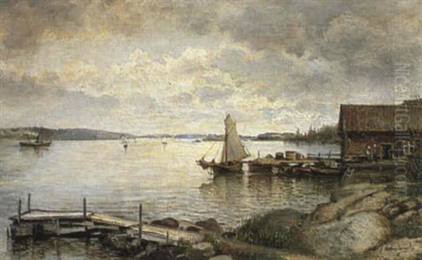 Kustlandskap Med Bryggor Och Batar I Kvallsjus - Motiv Fran Furusund, Stockholms Skargard - view 1