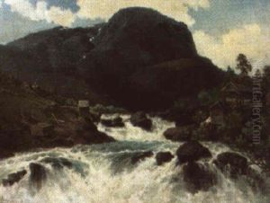 Fjallandskap Med Fors Och Fiskande Man by Josephina Holmlund