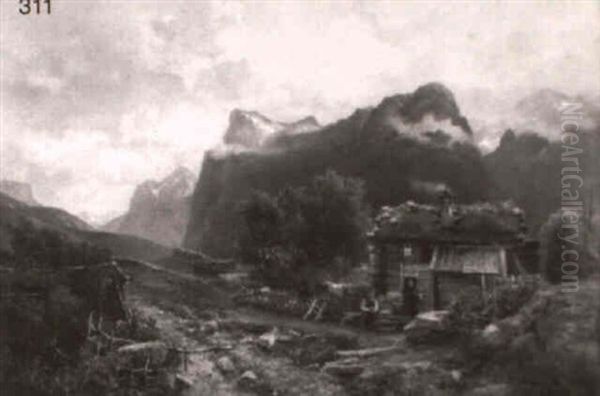 Mountainous Landscape With A Couple Working Outside Of Theircottage D - view 1