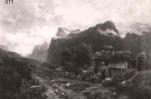 Mountainous Landscape With A Couple Working Outside Of Theircottage                                                    D