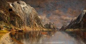 An Extensive Fjord Landscape With Figures In A Boat by Johann Holmstedt