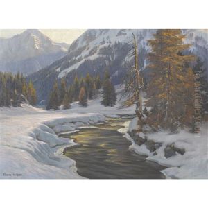 Verschneite Bachlandschaft In Der Abendsonne