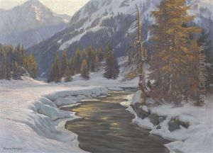 Verschneite Bachlandschaft In Der Abendsonne