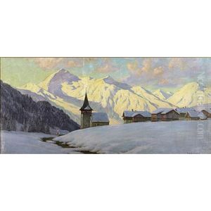 An Alpine Village At Dawn by Franz Holper