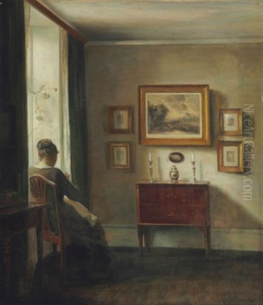 Interior With The Artist's Wife Sewing By A Window - view 1