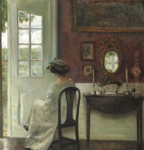 Interior With A Young Woman Sitting Next To The Garden Door by Carl Vilhelm Holsoe