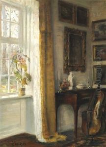 Interior With A Cello And A Small Piano Near A Window Towards The Garden by Carl Vilhelm Holsoe