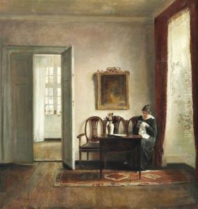 Interior With The Painter's Wife Knitting In A Corner Of The Living Room by Carl Vilhelm Holsoe