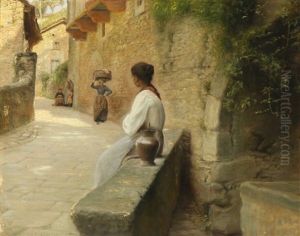 Southern European Street Scenery With Women Near A Well by Carl Vilhelm Holsoe