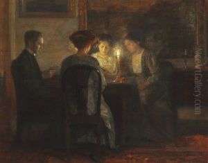 Interior With A Family Playing Cards By The Candlelight by Carl Vilhelm Holsoe