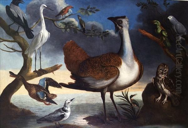 Exotic Birds On A Bank With A Grey Parrot, A Green Woodpecker, Atawny Owl, A Kingfisher, A Great Bustard, A Pair Of Crossbills, Akittiwake - view 1