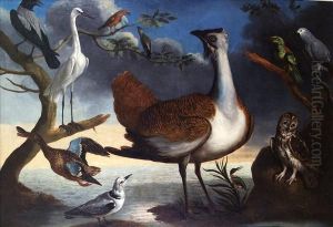 Exotic Birds On A Bank With A Grey Parrot, A Green Woodpecker, Atawny Owl, A Kingfisher, A Great Bustard, A Pair Of Crossbills, Akittiwake