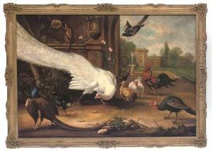 Peacock, Pheasant, Cockerel, Hens, Magpies And A Monkey In The Grounds Of A Country Estate