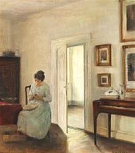 Interior With A Young Woman Peeling Fruit by Carl Vilhelm Holsoe