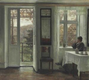 The Artist's Wife Sitting At A Window In A Sunlit Room
