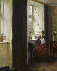 Young Girl Embroidering By The Window by Carl Vilhelm Holsoe