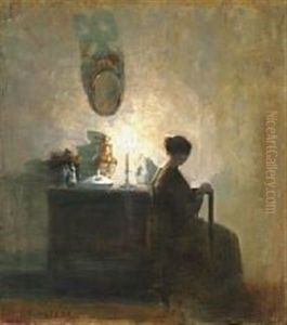 Interior With The Artist's Wife Reading By The Candlelight by Carl Vilhelm Holsoe