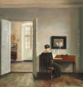 Interior With The Painters's Wife Sitting At The Piano by Carl Vilhelm Holsoe