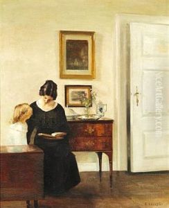 Interior With The Artist's Wife Reading Aloud For Their Daughter by Carl Vilhelm Holsoe