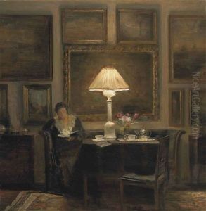 A Lady Reading By Lamplight by Carl Vilhelm Holsoe