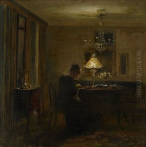 Interior Med Broderande Kvinna by Carl Vilhelm Holsoe