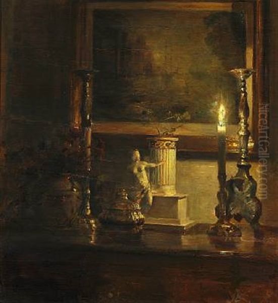 Evening Interior With A Candle Illuminating An Etching On The Wall - view 1