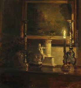 Evening Interior With A Candle Illuminating An Etching On The Wall by Carl Vilhelm Holsoe