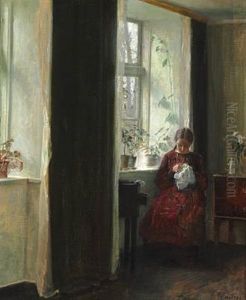 Interior With A Girl In A Red Dress Sewing Near The Window by Carl Vilhelm Holsoe