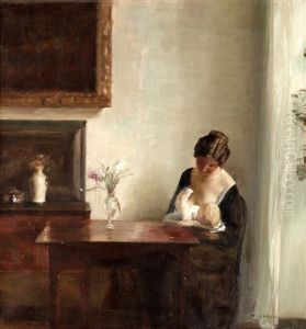 Borgerlig Interior Med Kvinna Och Barn by Carl Vilhelm Holsoe