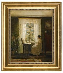 Interior Med Handarbetande Kvinna by Carl Vilhelm Holsoe