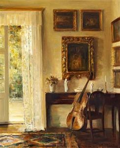 Interior With A Cello, Small Piano And An Open Door To The Garden